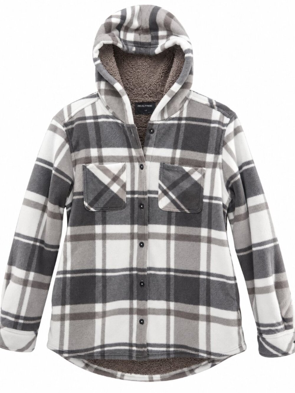 Realtree, Shacket, Sherpa-Lined with Hood, Charcoal Plaid Size Small